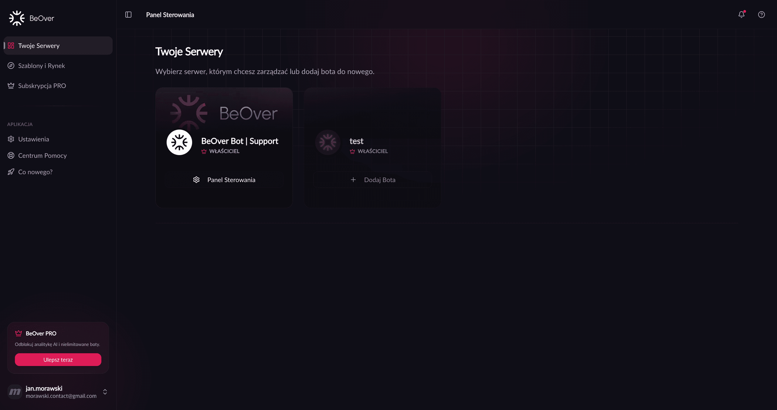 Panel sterowania bota